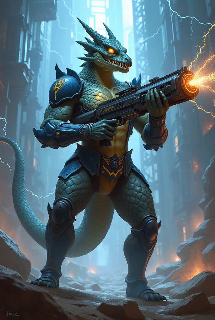 Half-dragon humanoid, holding an electricity gun, wearing light armor with the Izzet guild coat of arms from Magic The Gathering