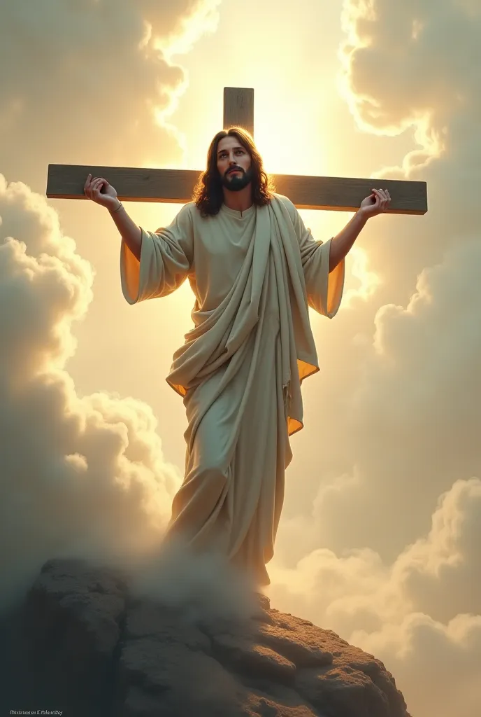 Jesus with cross and standing in cloud 