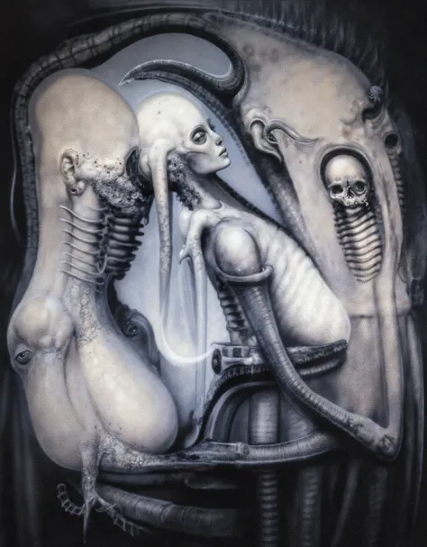 Please reproduce the original image as accurately as possible, capturing the intricate details of the biomechanical structures, the dramatic lighting, and the overall sense of unease. Find and enhance depiction of Giger's demons and creatures.(best quality...