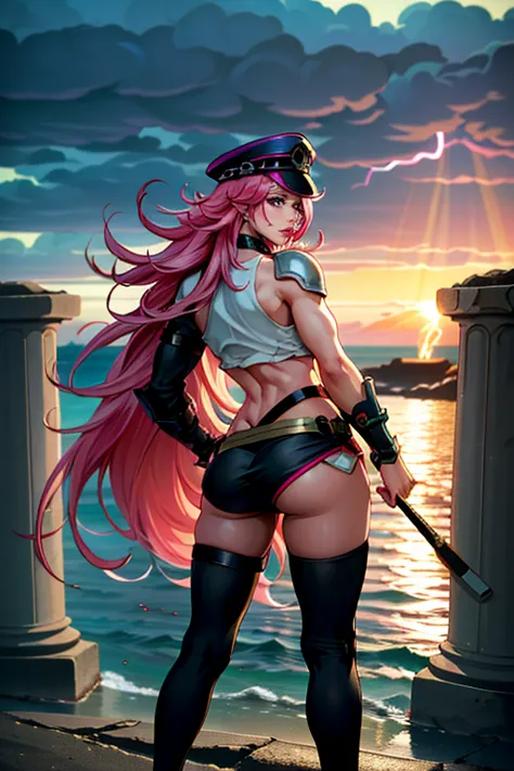 (1girl, Alone, alone), (pin-up, , Poison_long_hair_aiwaifu, Poison_long_hair_aiwaifu, spiky hair, hat, big hair, very_long_hair, pink hair, pink_hair, big_hair), ((Alone, (1woman,pink lipstick), extremely detailed , Soft ambient lighting, 4K, perfect eyes,...