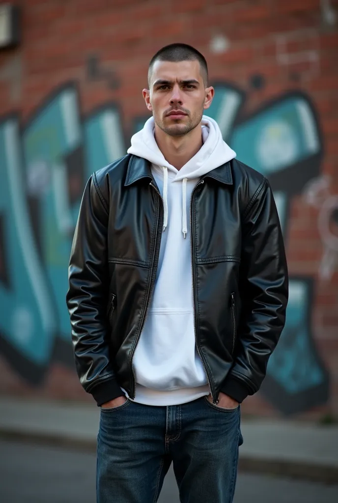 young male model (age 25—30, Caucasian appearance , short hair with shaved temples,  light bristles) in an oversized black leather jacket, white hoodie and baggy jeans. Background — urban style graffiti on a brick wall. evening lighting,  backlight, Dynami...