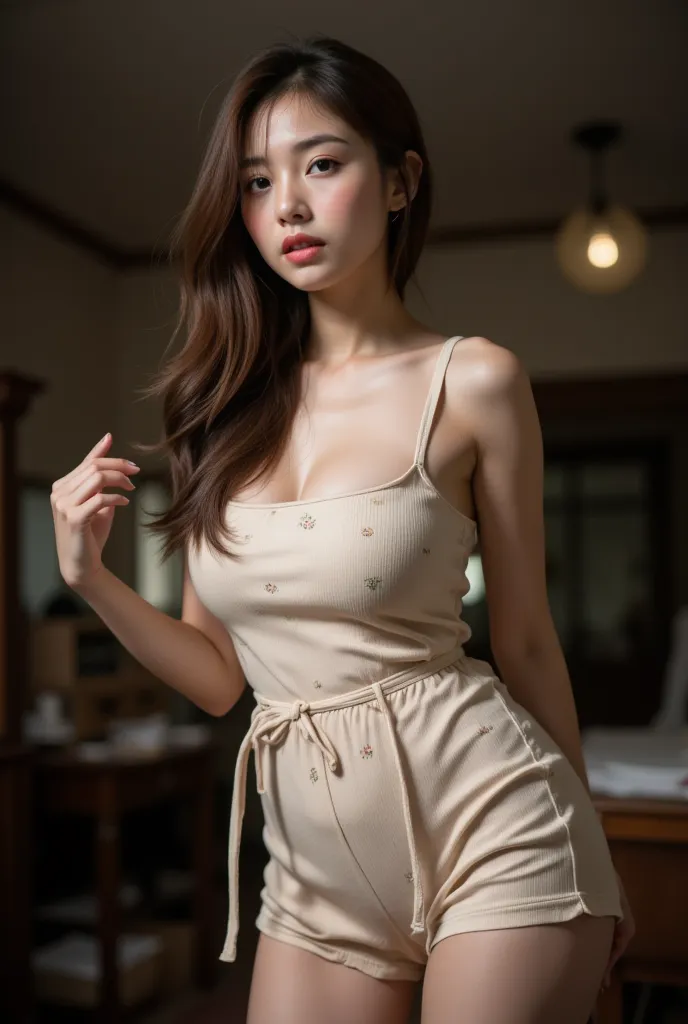 low angle shot, from below, a korean woman, long layer hair, dynamic pose in messy vintage japanese house, wearing a Square neck cream-colored romper with a delicate tiny floral pattern print, thin spaghetti straps, and a soft ribbed texture, dimly lit, lo...