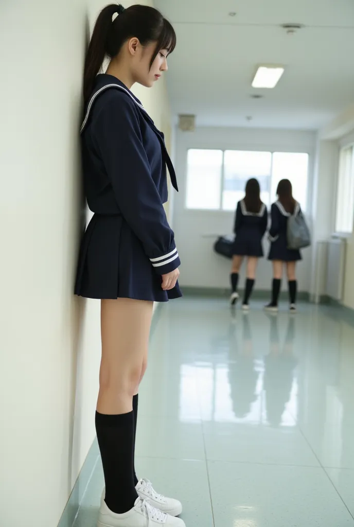 Japanese female student、Height: 160cm Stand by the wall in the school hallway outside the classroom、 full body view、side view、  black hair、  long hair、pony tail、Long legs, beautiful feet  、  navy long sleeve school sailor uniform、very short skirt、  wear bl...