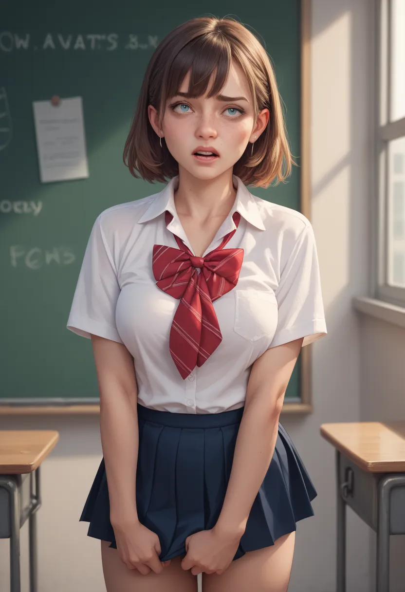 Schoolgirl open blouse, stands in class, no underwear, pees in herself, ashamed, wants to prevent it, is held down