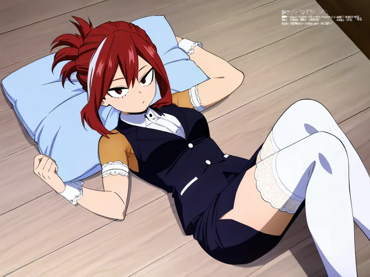My Hero Academia　八Hundred万　Hundred,1woman,megami magazine, medium breasts、tsurime ,1girl low twintails red hair hair up  folded ponytail、tsurim ,only black vest、.black pencil skirt,white lace thigh-high socks , arm garter armlet,white streaked hair 
