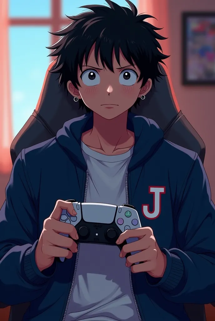 A nice boy, otaku (anime, one piece) (Male face slap, beautiful, pleasant, concentrated, enjoying), anime style, ( negro, hair, wavy curly, very short), (gamer style), MALE WIDE BODY TYPE, without muscle (gamer jacket , Dark blue, Letter J logo, CLOSED), h...