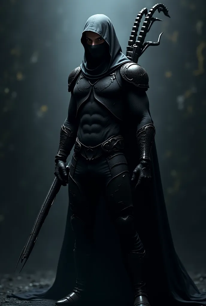 A ninja dressed in black with scorpion armor and tail