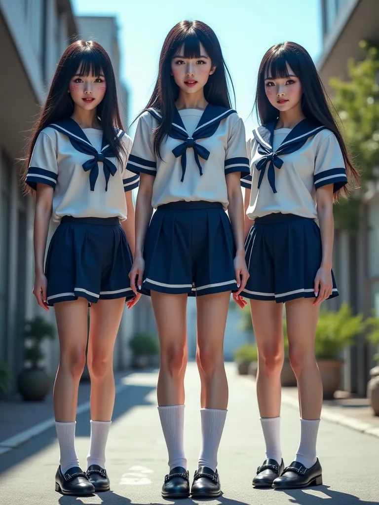 high quality,4K,8k,in white for summer very detailed,photo-like realism,HDR,UHD,Studio Lighting,Extreme Details,professional,vivid colors, bokeh effects ,３girl,lower body is a navy blue Hi-leg racing bloomer,High school girl brainwashed and controlled by Z...