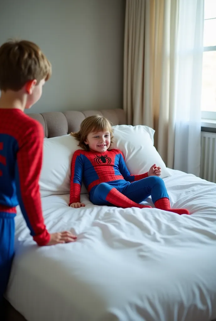 "A  boy dressed in a classic red and blue Spider-Man costume is sneaking into a bedroom with careful, silent steps. His posture is low, and his hands are positioned cautiously as he moves, showing his sneaky and playful intent. In the center of the room, a...