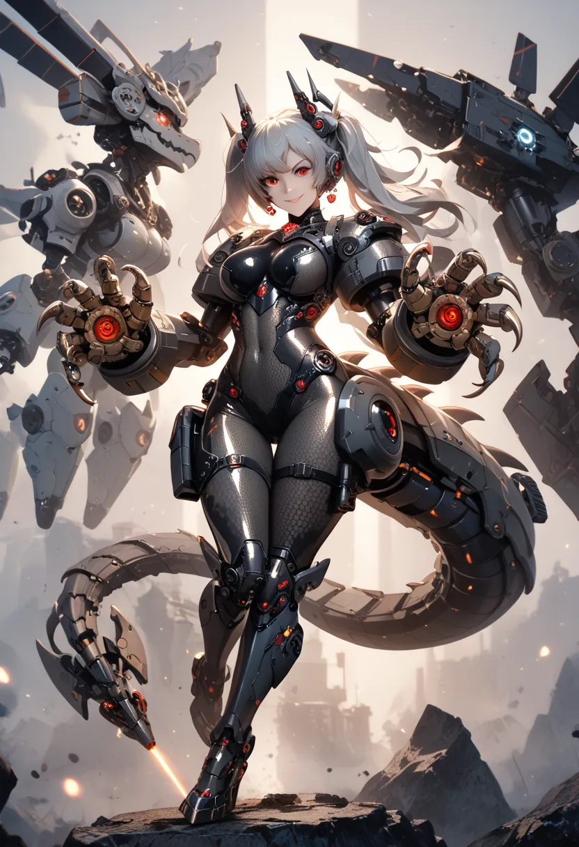 Mechanical Weapon Girl. （Close-up）Full body bodysuit. Latex. Cyber style. Honeycomb pattern bodysuit.  Light armor. Look of contempt. Evil smile. Grey hair. Breasts perky. Glowing red eyes. Glowing core. A mechanical monster in the background. Large mechan...