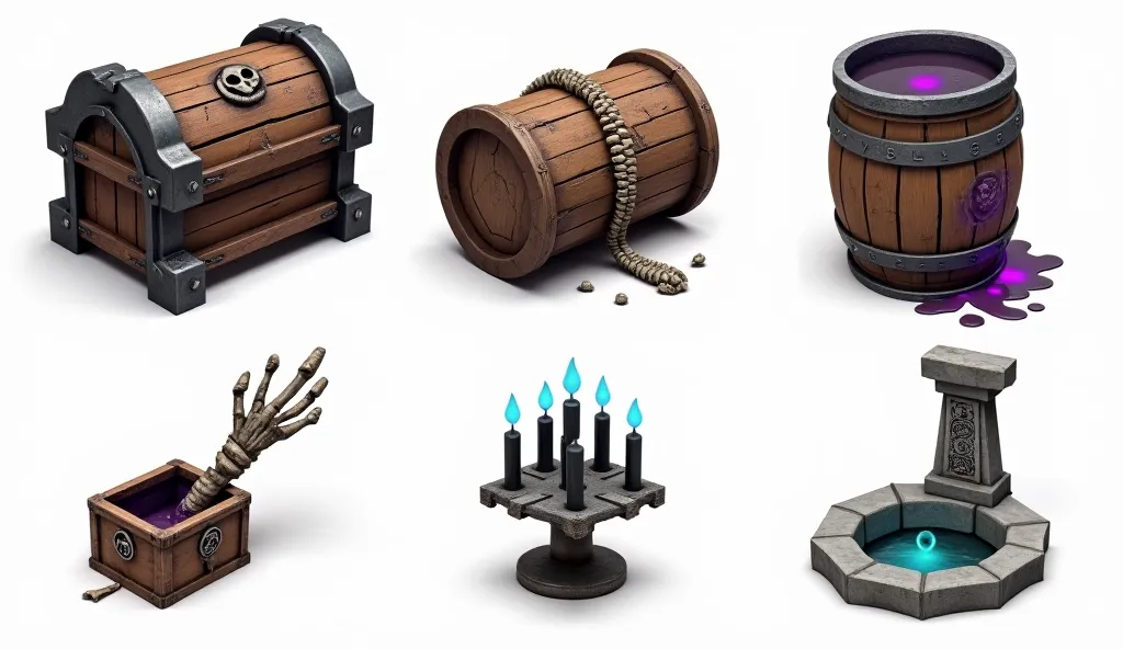 Six 3D miscellaneous objects for a medieval RPG called 'The Crypt of the Skull King,' displayed separately on a plain white background. The objects include:

An ancient wooden chest with rusted iron reinforcements, eerie dark energy seeping through the cra...