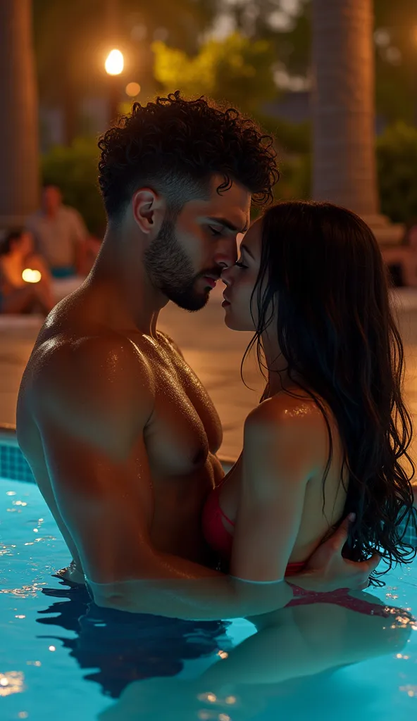 Couple sexy,  fins in a pool, la night , illuminated by torches, pool party. Young man of twenty-four, very big, muscle,  tanned skin , black hair curly and shaved on the sides, un regard intense bleu, who fits between his arms in the corner of the pool, u...