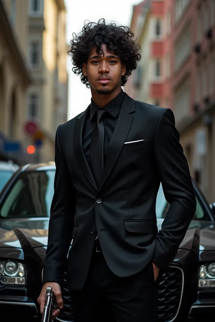 A from below side angle photo street city view. There are building in the back ground, photo of a curly dark black shiny haired fit muscular young adult. He is standing in a dominate stance with a determined look on his face. He is wearing a Black fitted s...