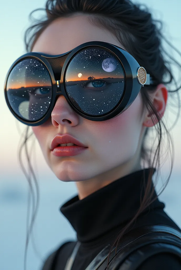 The model is wearing glass sunglasses with stars and the moon on the glass