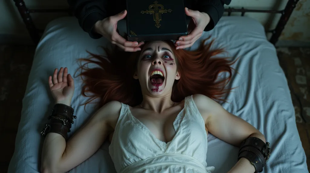 A dark and intense scene depicts a terrifying exorcism. A young woman with pale skin and disheveled red hair lies on a bed with white sheets. Her arms are restrained with leather cuffs and iron chains, secured to the bed frame. Her face displays an express...