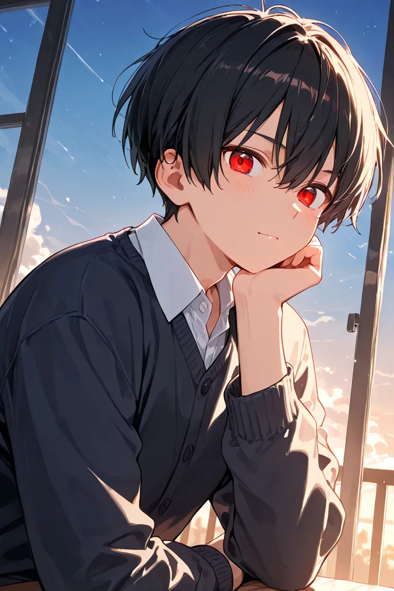 anime boy, black hair, red eye, 