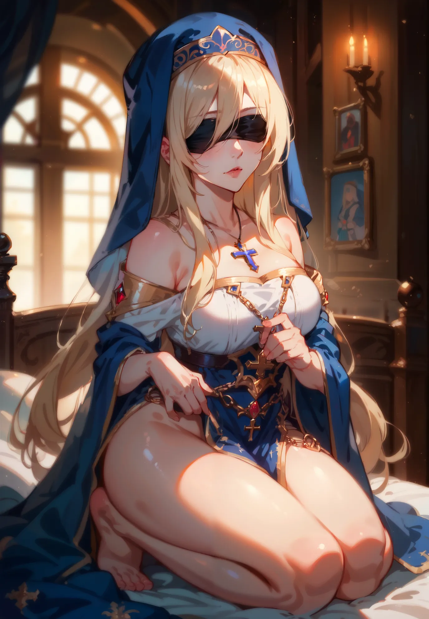 1girl, sword maiden, goblin slayer, blush, sexy pose, pale skin, full of details, blonde hair, blindfold, cross shaped necklace, old fantasy medieval inn, guest room, kneeling on a bed, (night time:1.2), cinematic lighting, nsfw,