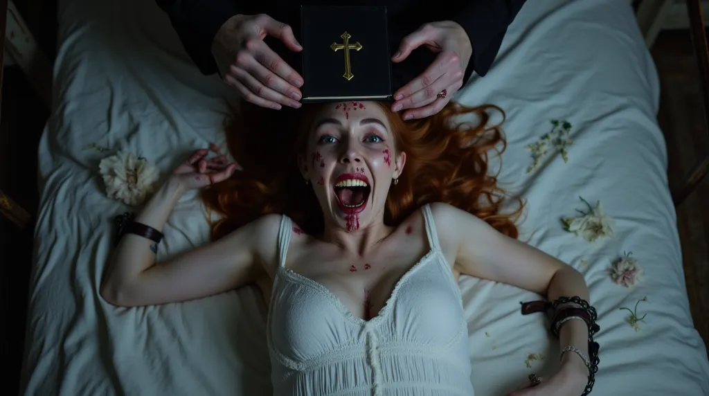 A dark and intense scene depicts a terrifying exorcism. A young woman with pale skin and disheveled red hair lies on a bed with white sheets. Her arms are restrained with leather cuffs and iron chains, secured to the bed frame. Her face displays an express...