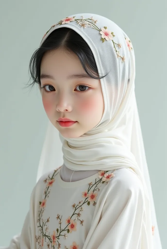 A white Muslim girl wears a Korean hijab. Her features are cute and she wears cute clothes 