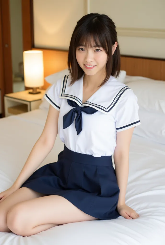 (Masterpiece, Best quality:1.4), (Ultra realistic, Photo-realistic:1.3), nsfw, (Wearing Sailor suit, White short sleeve:1.2), (Dark navy skirt:1.2), (Wearing white sock), (medium breasts), Natural light, 20 years old actor, Japanese woman, Neat and clean, ...