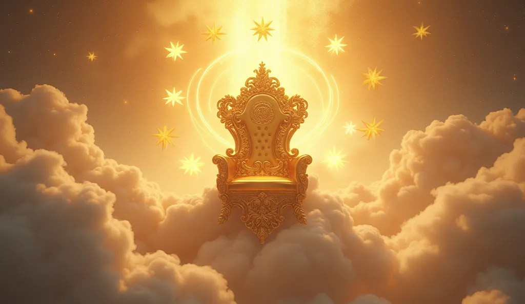 A golden throne floating among the clouds, surrounded by seven shining stars. Realistic, cinematic, 4K.