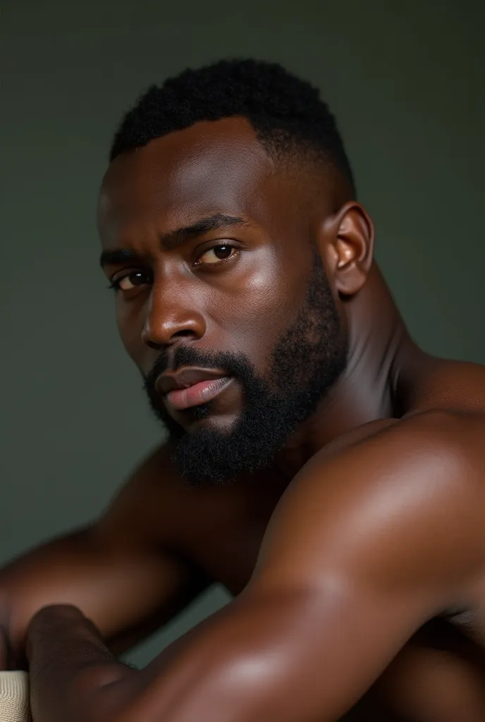 Photo of a 37-year-old black man with a thin beard and well-lying down athletic physique, 
