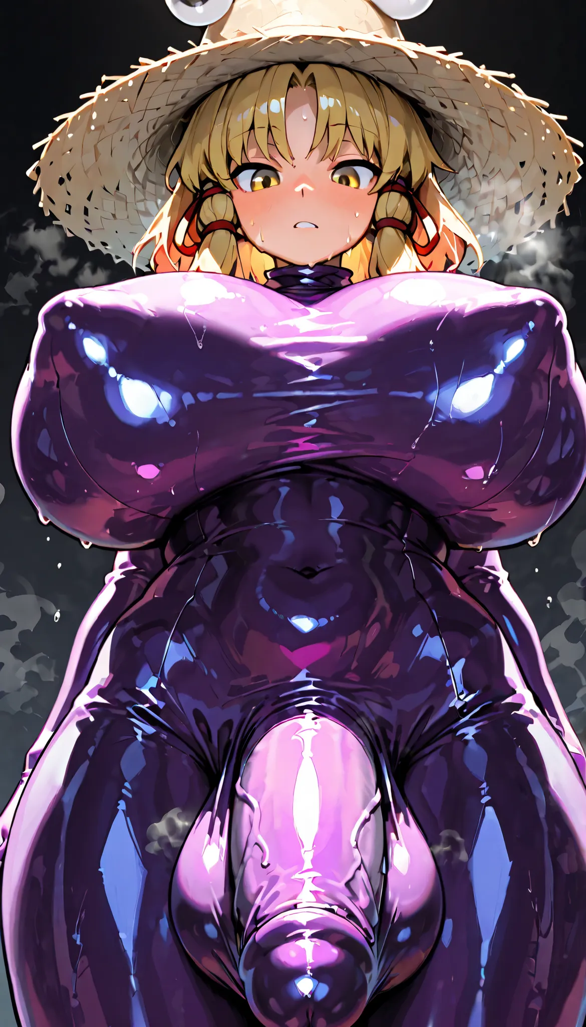 1girl, Touhou, Moriya Suwako, (purple latex suit), sweat, steamy, yellow hair, yellow eyes, sidelocks, red hair ribbon, straw hat, looking down, from below, (Futanari), huge dick, bulge, R-18, NSFW, covered navel,  covered nipple,  simple background, cool ...