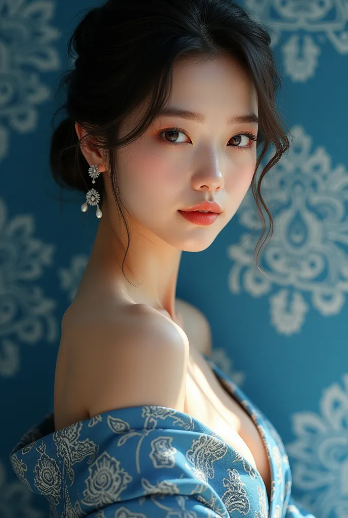  Young and beautiful Korean woman , hair in elegant bun ,wearing sarong shirt , Bare shoulders , blue traditional batik motif,berpose sexy