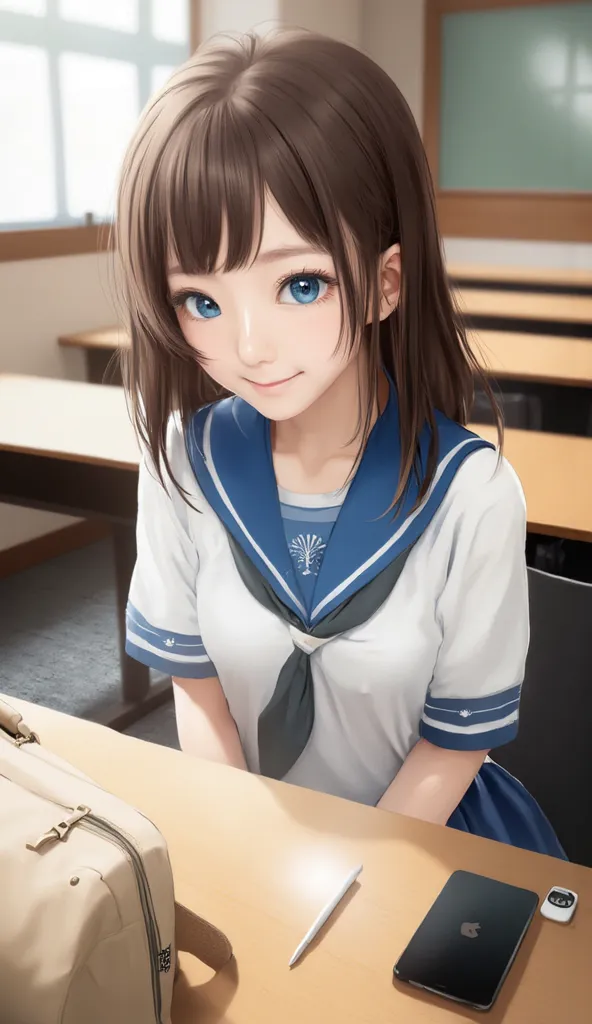 Japanese girl, school Japanese female uniform, blue eyes, brown hair, bangs, cute face, smiling, school, school office, desks, sitting at desk, at table, beige bag on desk