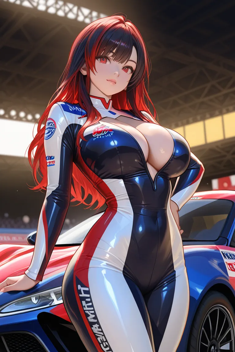 "Create a mega-ultra realistic image of a woman with long, silky black hair, tuned car driver, next to a highly modified Fast and Furious style car. she has big breasts, bulky and attractive that bounces over the cleavage of a tight and shiny racing suit, ...