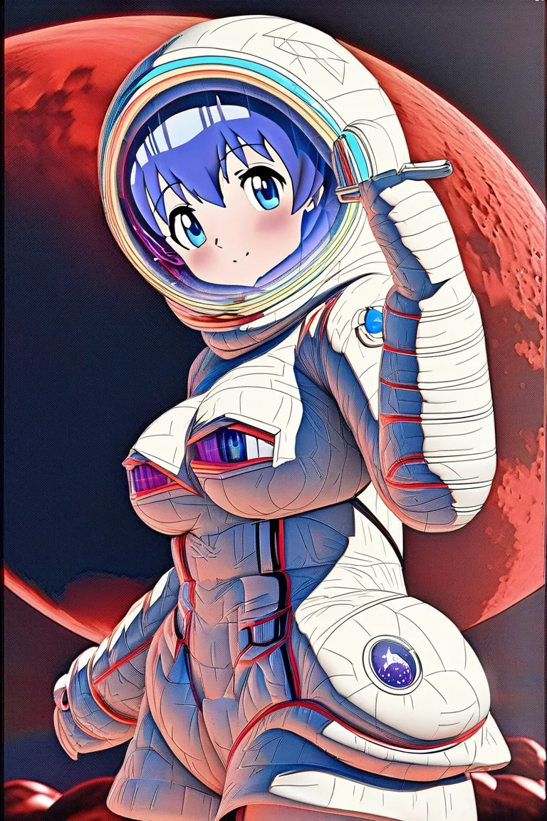 Astronaut Girl on a Blood Moon Holding a StaffHigh resolution, High Details, short hair, breasts, Blush, blue eyes, hood, brilliance, OctaneRender 8K, anime style, 