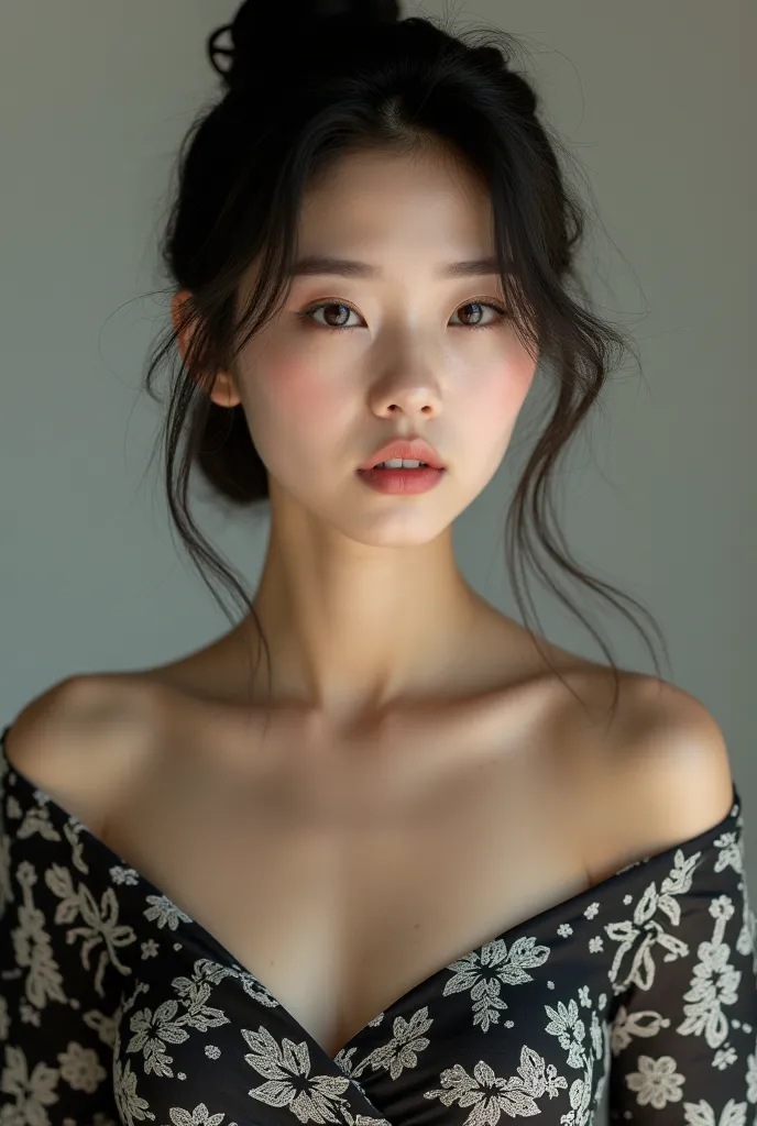  Young and beautiful Korean woman , hair in elegant bun ,wearing sarong shirt , Bare shoulders , black traditional batik motif,berpose sexy,ultra realistis,detail,fotografi,ultra hd.