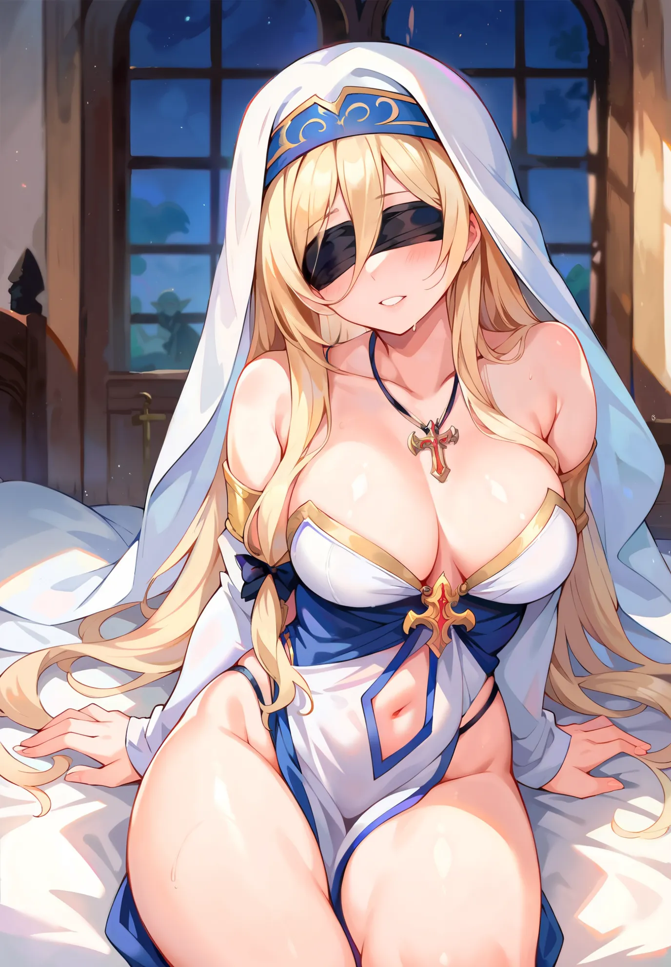 1girl, sword maiden, goblin slayer, blush, sexy pose, pale skin, full of details, blonde hair, blindfold, cross shaped necklace, old fantasy medieval inn, guest room, sitting on a bed, (night time:1.2), cinematic lighting, nsfw,