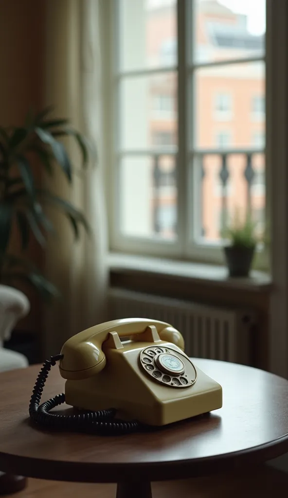 On a table is a cable telephone in a blurry apartment.  