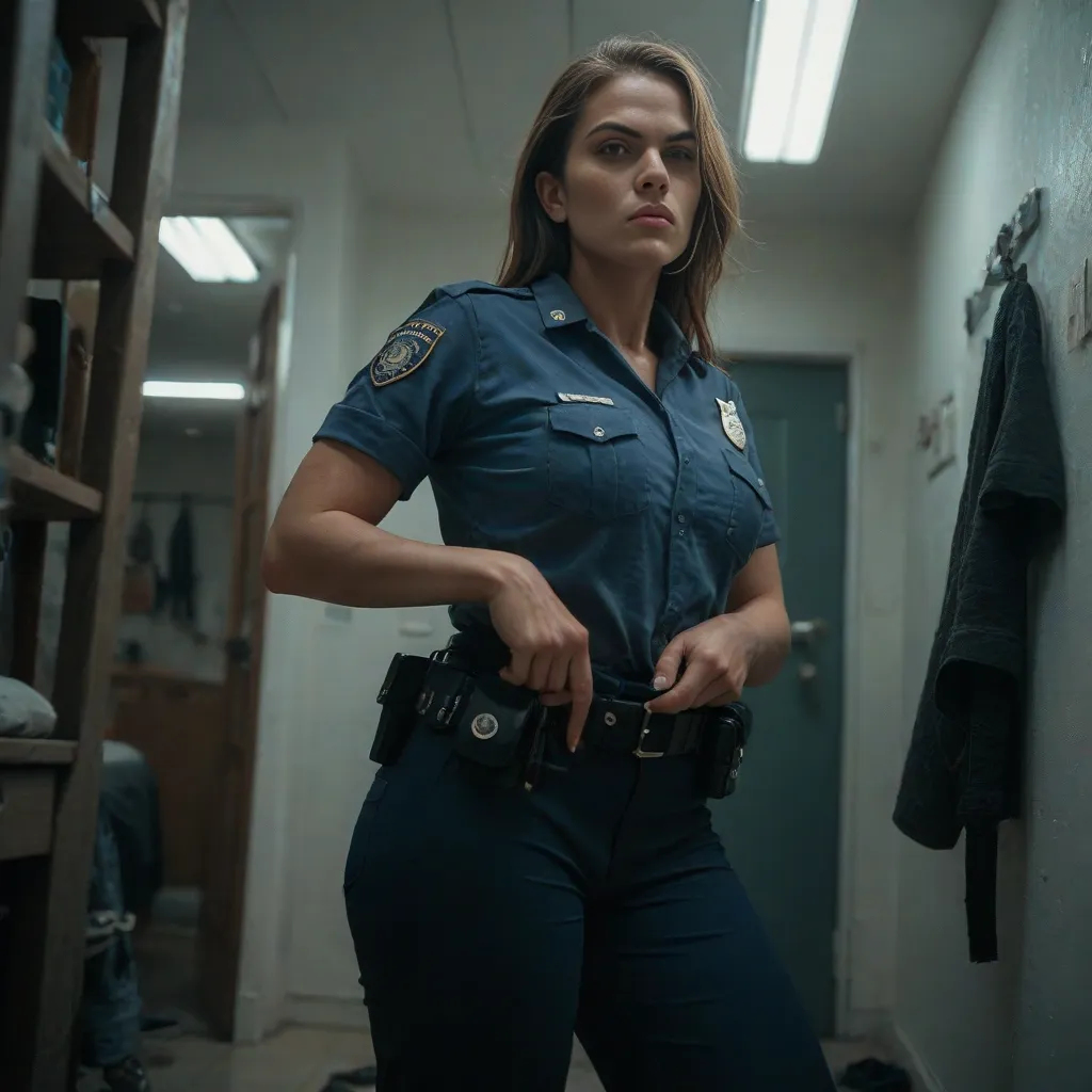 Police woman, interrogation room, serious, fitting pants 