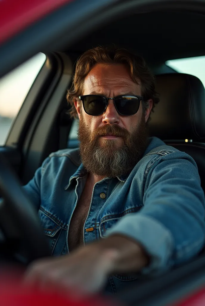 Bearded man dressed in denim jacket and pants, dark lenses, recharged in a 2005 Mustang black and red