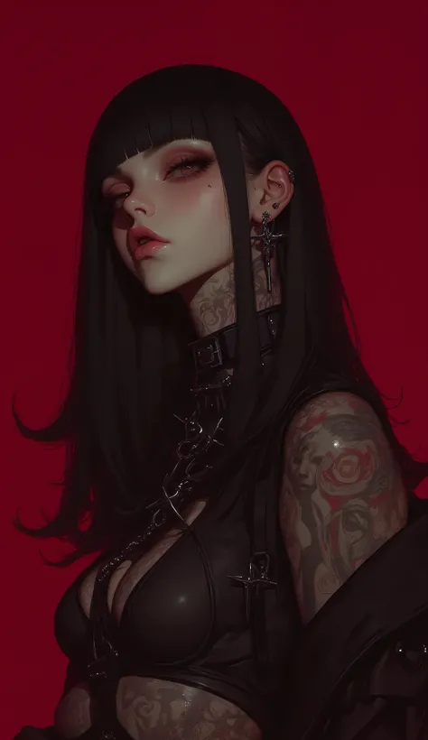 black-haired woman with straight hair moving in the wind,  bangs up to the eyebrows:1.4, with tattoos on arms and legs posing for a photo, Portrait of Kim Petras, ava max, punk style spiked dog collar on the neck, wearing barbs and piercings ,  modeled pho...