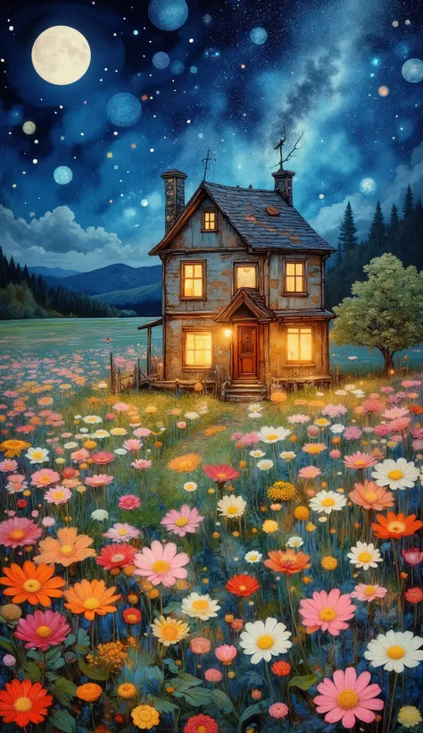 Painting of a house in a field with flowers and a bird, Moonlight shines on wild flowers , field of flowers at night , Dreamy illustration, Cozy night fireflies , quiet night. digital illustration, Picture of a starry night , beautifully illus...