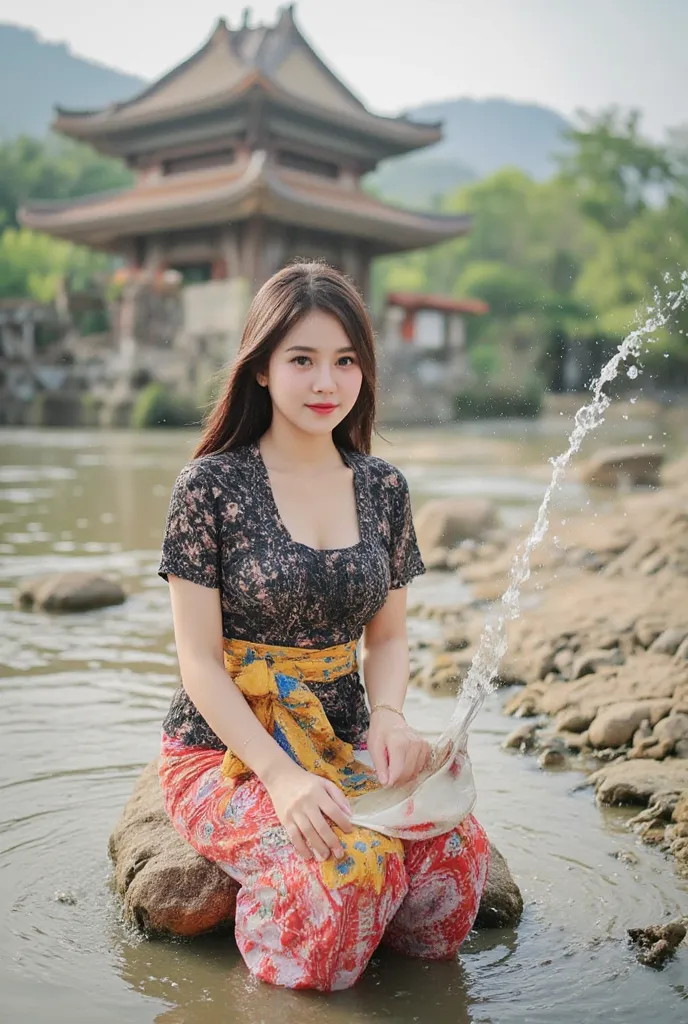 A sweet Korean girl,big ass,slightly  fat, wearing a long  batik  black kebaya and long red white batik bottoms, there is a long yellow and blue batik cloth around her waist that waves in the wind. He was sitting washing clothes in ther river, looks wet, w...