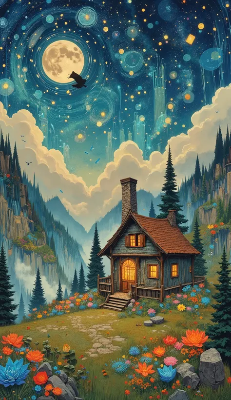 Painting of a house in a field with flowers and a bird, Moonlight shines on wild flowers , field of flowers at night , Dreamy illustration, Cozy night fireflies , quiet night. digital illustration, Picture of a starry night , beautifully illustrate...