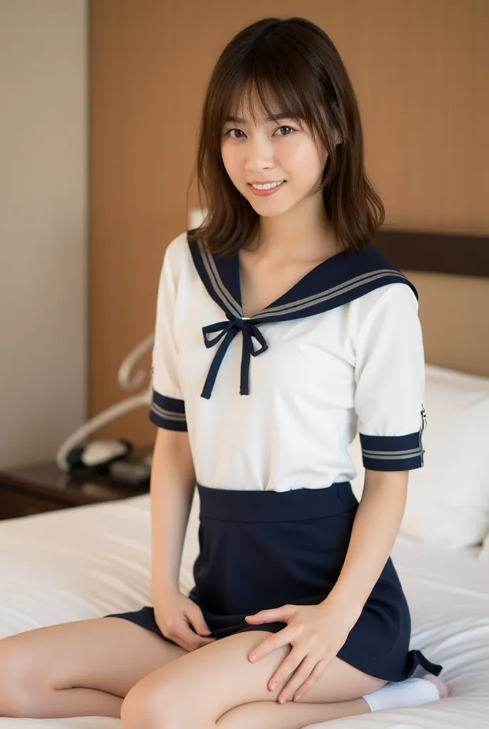 (Masterpiece, Best quality:1.4), (Ultra realistic, Photo-realistic:1.3), nsfw, (Wearing Sailor suit, White short sleeve:1.2), (Dark navy skirt:1.2), (Wearing white sock), (medium breasts), Natural light, 20 years old actor, Japanese woman, Neat and clean, ...