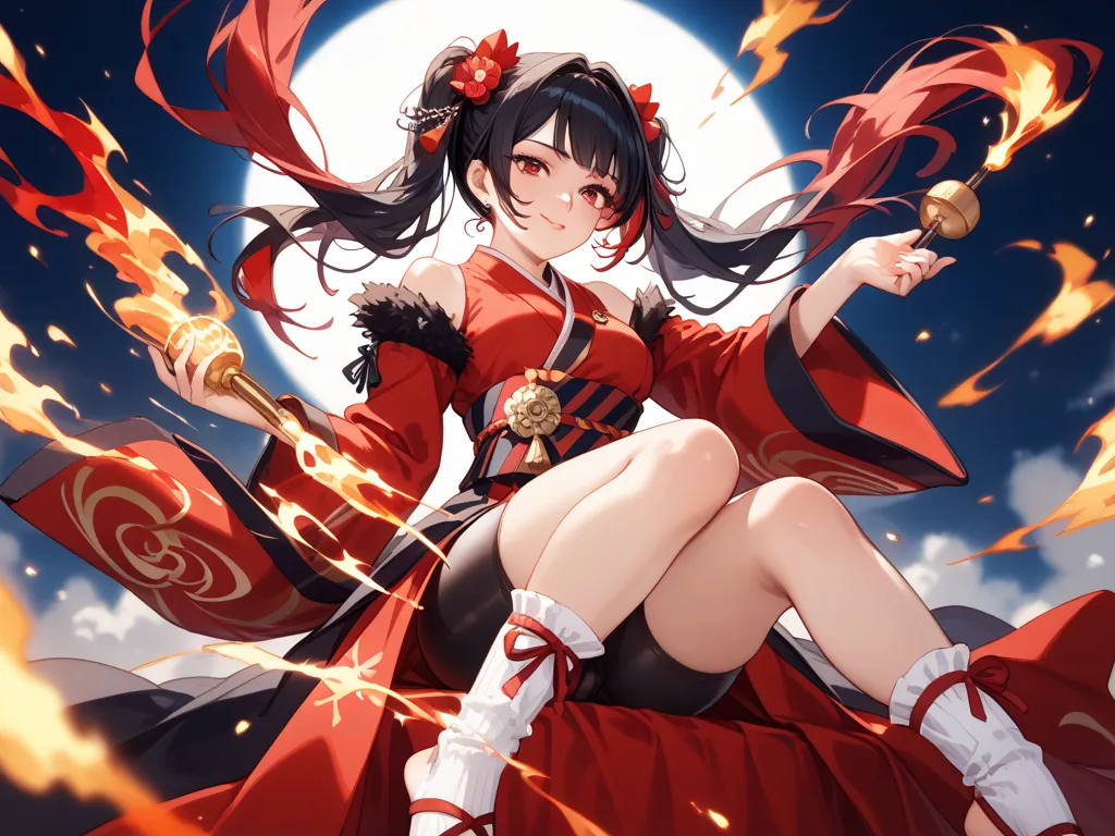 1 girl who died、メイド“A highly detailed anime-style illustration of a mysterious and elegant warrior woman in side-profile. Her long, flowing black hair with red highlights is caught in a powerful gust of wind, creating a sense of movement and energy. Strand...