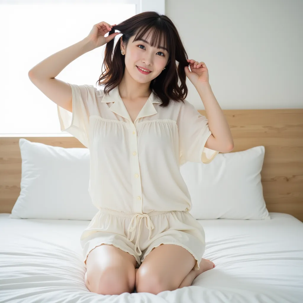 Japanese woman、Kneel on the bed、Tying her hair with both hands、Big Breasts、looks at the camera、Smiling、full body、Wearing light pajamas、 beautiful feet、plump thighs、