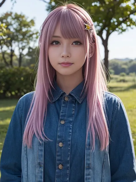 １girl, Lacus Klein , Klein Lake, (purple eyes:1.1), hair ornament, long hair, wave hair ornament, pink hair near MM, smile, viewers, (cowboy shooting:1.5), Outdoors, null間, star \(null\),  moon, break (masterpiece:1.2), top quality, High Resolution, ユニティ 8...