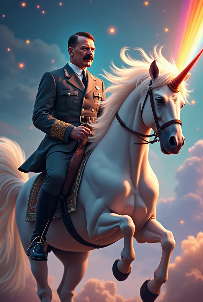 Make an image of Hitler riding a unicorn shooting rainbow laser rays for PC wallpaper