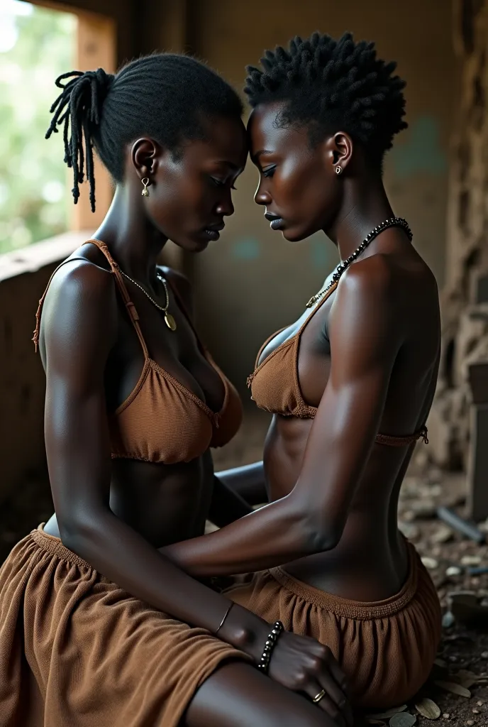  An African woman smiles with black eyes, dark black skin, and her breasts are droopy. She sits in a torn dress on a couch with a young African man examining her breasts inside an abandoned hut