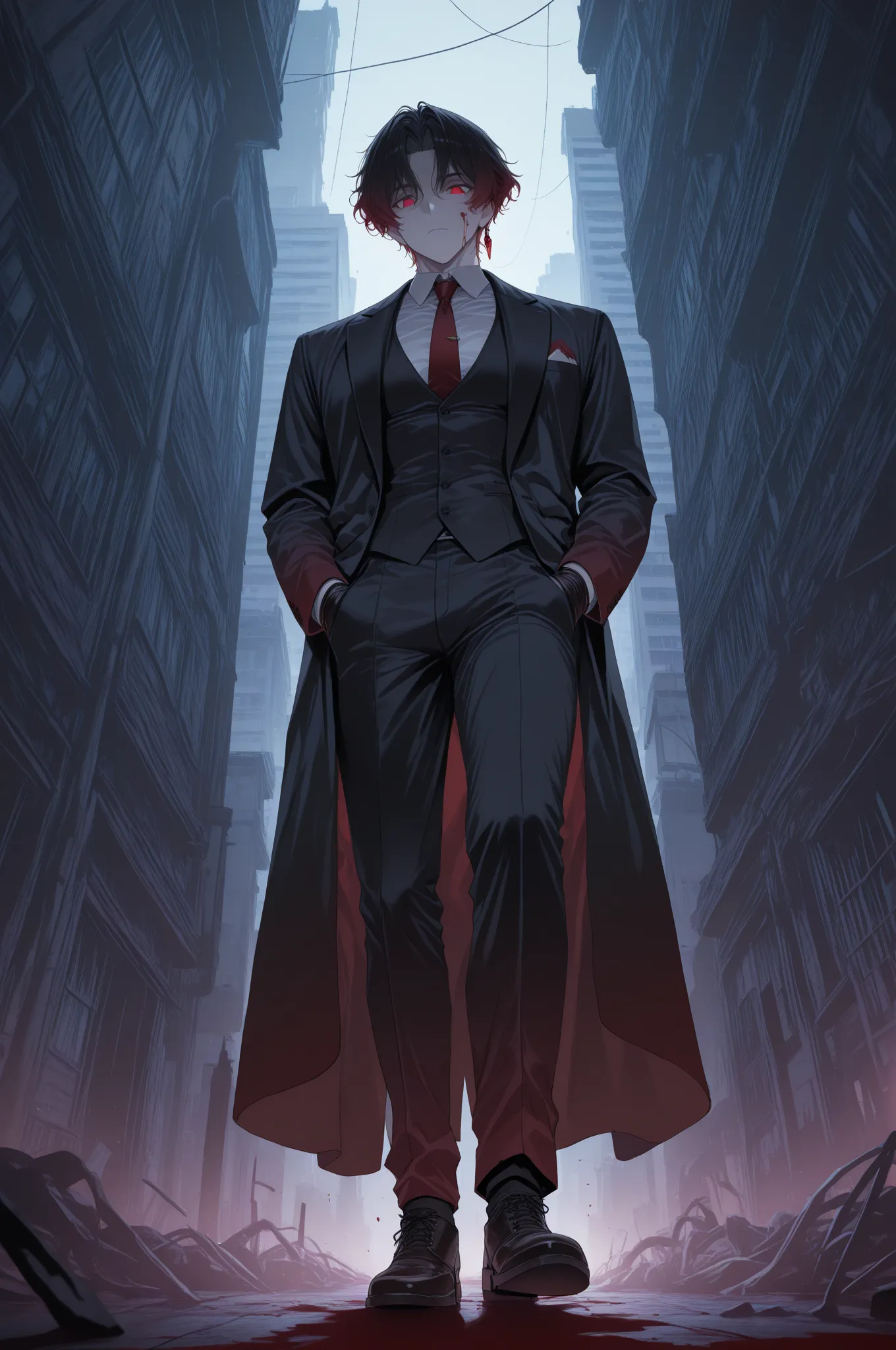 masterpiece, best quality, amazing quality, absurdres, highres, newest, HDR, 8K, from below, 1boy, Kuroki Ren, middle part, short hair, curtained hair, gradient hair, black hair, red hair, red eyes, mafia outfit, necktie, gloves, suit, shirt, vest, long co...