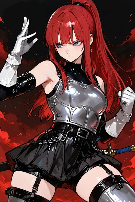  female saiya, 1girl . anime,Bl3th3bn3_Styl3_SKNSFW,Gothic Woman Warrior, Black shorts in a skirt,
(masterpiece, detailed:1.2)、Female ,cowboy shot,female warrior. red hair, Silver armor, Skirts, black sleeveless dress,. Bare shoulders., ponytail, belt、drag...