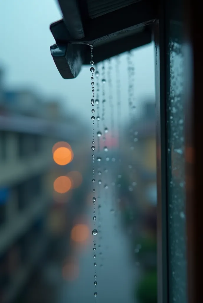  4K real、Focus on the drops of water falling from the roof、 Macro Photography 