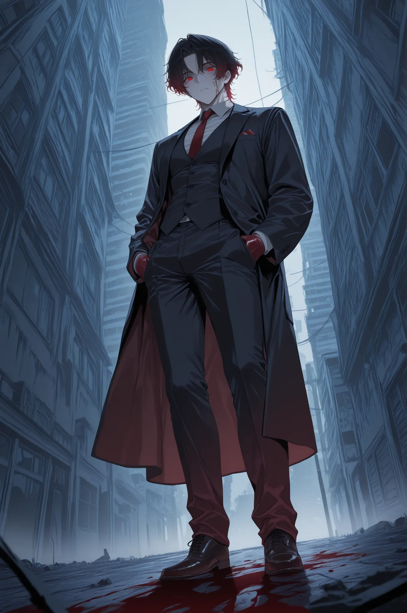 masterpiece, best quality, amazing quality, absurdres, highres, newest, HDR, 8K, from below, cinematic shadow, cinematic, 1boy, Kuroki Ren, middle part, short hair, curtained hair, gradient hair, black hair, red hair, red eyes, mafia outfit, necktie, glove...